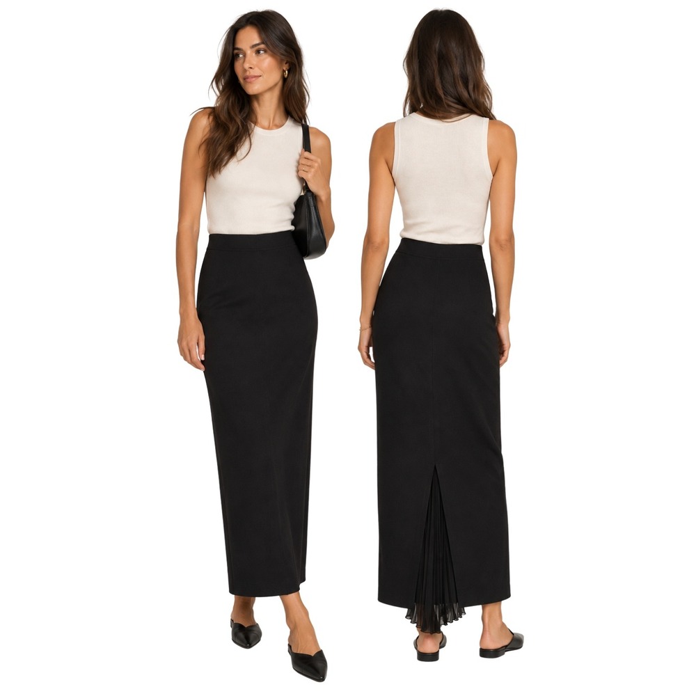 St John Skirt Womens Size 12 Black Evening Santana Knit Maxi Pleated Chiffon